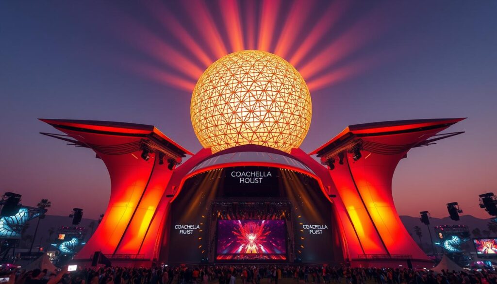 A colossal quasar stage dominates the Coachella landscape, its towering structure bathed in warm, saturated hues. The central sphere, adorned with intricate latticed patterns, emits a captivating luminescence that reflects off the surrounding atmosphere. Sleek, angular wings flank the main structure, their sharp edges cutting through the air like steel blades. Beams of light cascade downward, illuminating the stage and creating a sense of energy and dynamism. In the foreground, the stage is flanked by towering video screens and flexible, undulating architectural elements that draw the eye inward. The overall effect is one of futuristic grandeur, a seamless blend of technology and artistry that embodies the spirit of Coachella's cutting-edge music and cultural festival.