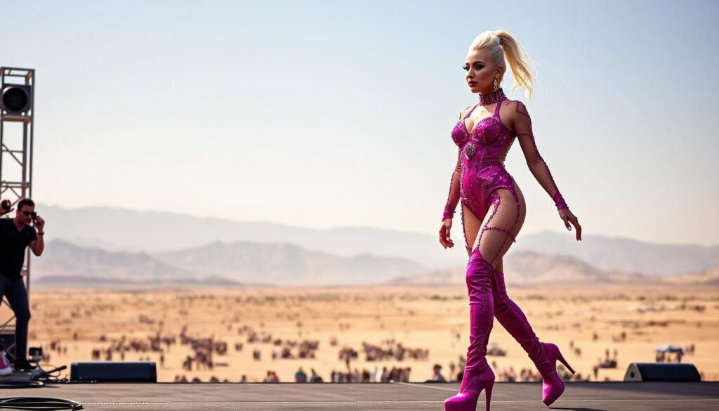 A glamorous Lady Gaga struts across the Coachella stage, her figure-hugging bodysuit shimmering under bright spotlights. The bodysuit, in a vibrant fuchsia hue, features intricate beading and sequin patterns that catch the eye. Towering platform boots in a matching shade complete the bold, futuristic ensemble. Gaga's platinum blonde hair is styled in a sleek, high ponytail, framing her striking features. In the background, a vast, awe-inspiring desert landscape stretches out, with hazy mountains in the distance. The overall atmosphere is one of electrifying energy, with a touch of cosmic mystique. A glamorous Lady Gaga struts across the Coachella stage, her figure-hugging bodysuit shimmering under bright spotlights. The bodysuit, in a vibrant fuchsia hue, features intricate beading and sequin patterns that catch the eye. Towering platform boots in a matching shade complete the bold, futuristic ensemble. Gaga's platinum blonde hair is styled in a sleek, high ponytail, framing her striking features. In the background, a vast, awe-inspiring desert landscape stretches out, with hazy mountains in the distance. The overall atmosphere is one of electrifying energy, with a touch of cosmic mystique.