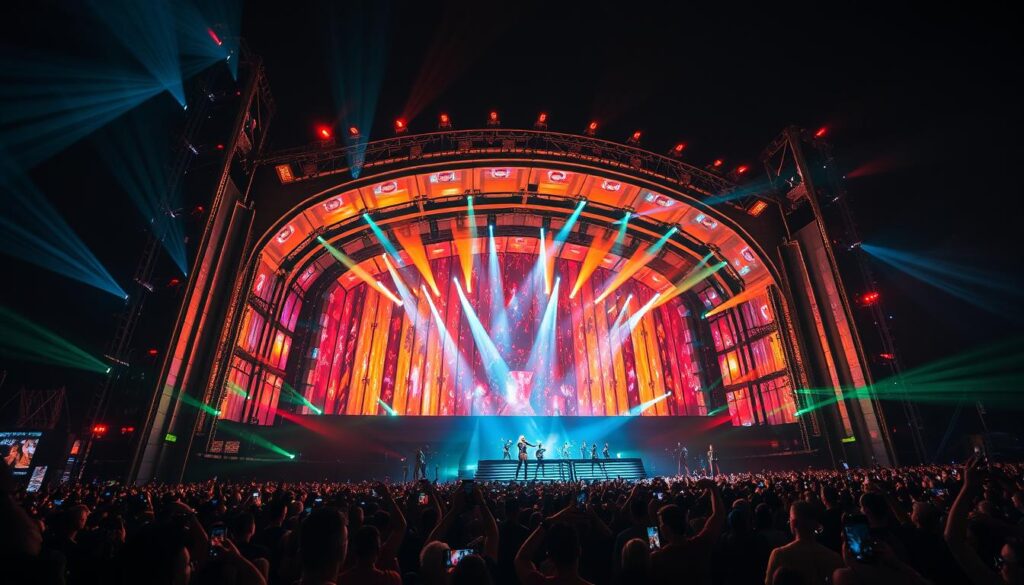 A massive, futuristic stage with a towering curved structure of shimmering metallic panels and beams, illuminated by a mesmerizing array of dynamic, multi-colored spotlights and strobes that bathe the scene in an electrifying glow. In the center, Lady Gaga commands the stage with her captivating presence, surrounded by a troupe of skilled dancers adorned in sleek, avant-garde costumes. The audience is enraptured, their energy feeding the performance as the sonic waves of Gaga's epic, anthemic music reverberate through the festival grounds. The entire production is a visual masterpiece, a stunning fusion of music, technology, and raw, unadulterated artistry. A massive, futuristic stage with a towering curved structure of shimmering metallic panels and beams, illuminated by a mesmerizing array of dynamic, multi-colored spotlights and strobes that bathe the scene in an electrifying glow. In the center, Lady Gaga commands the stage with her captivating presence, surrounded by a troupe of skilled dancers adorned in sleek, avant-garde costumes. The audience is enraptured, their energy feeding the performance as the sonic waves of Gaga's epic, anthemic music reverberate through the festival grounds. The entire production is a visual masterpiece, a stunning fusion of music, technology, and raw, unadulterated artistry.