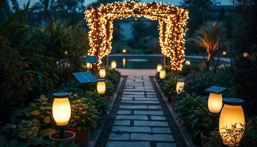 A serene outdoor eco-friendly light installation, powered by solar panels and LED bulbs, casts a warm, ambient glow across a lush garden setting. In the foreground, sleek, modern light fixtures are nestled amongst thriving potted plants and flowers, their shapes echoing the organic forms of nature. The middle ground features a meandering pathway lined with additional solar-powered lanterns, leading the eye towards a central gazebo-like structure adorned with delicate light-emitting vines. In the background, a tranquil pond reflects the soft, ethereal illumination, creating a sense of balance and harmony between the natural and technological elements. The overall mood is one of sustainability, environmental consciousness, and a peaceful coexistence between human-made and natural elements.