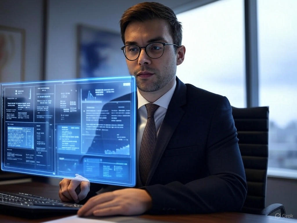 a man in a suit and tie working on a computer