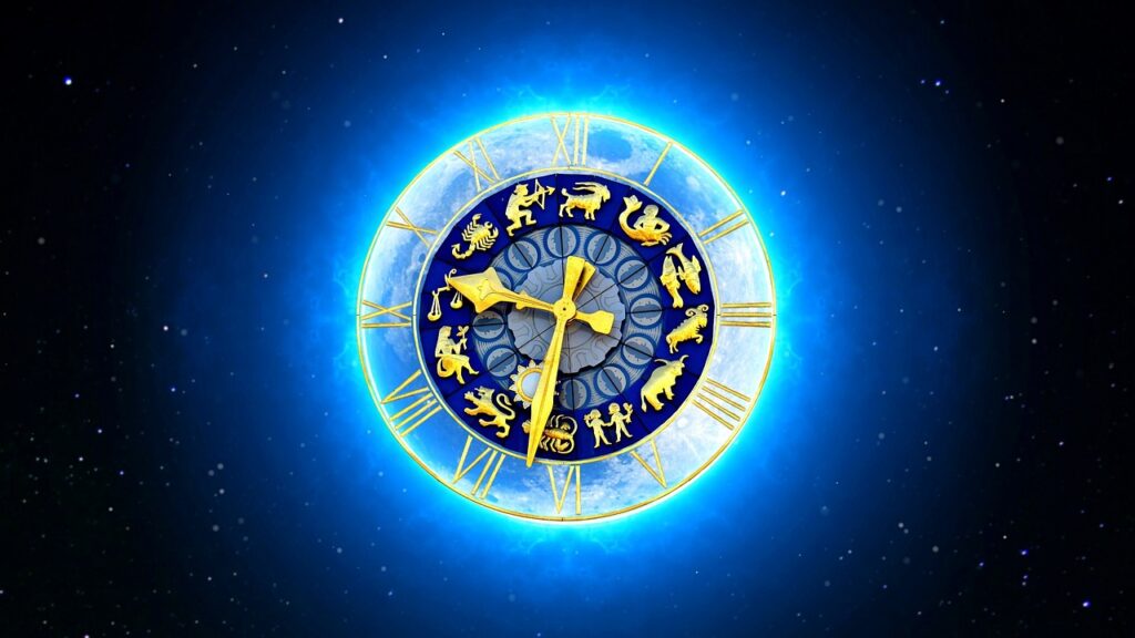a clock with zodiac signs